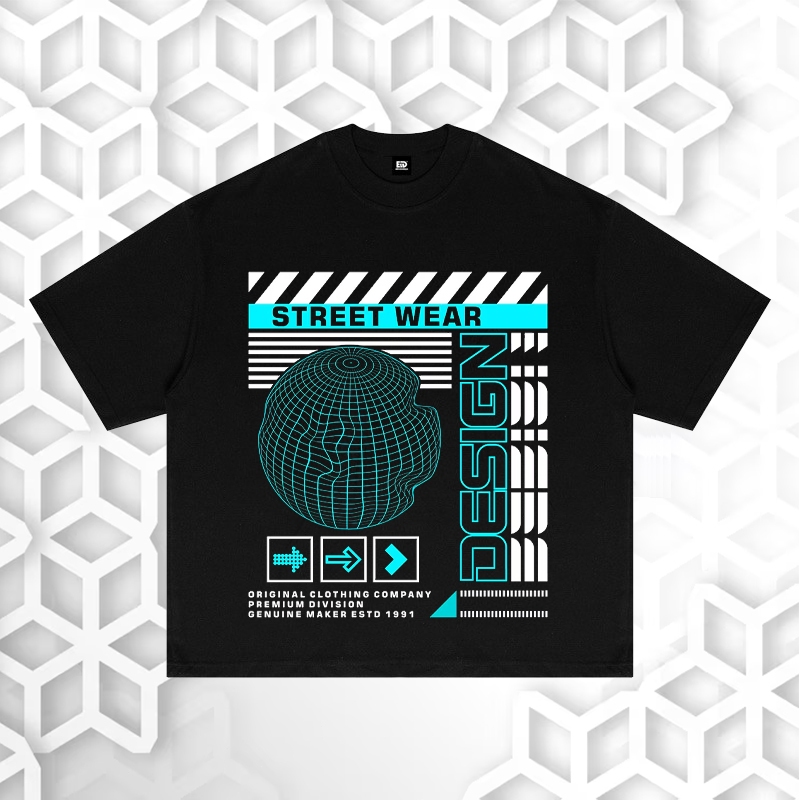 Kaos Kaos Distro Pria "STREET WEAR DESIGN" - Desain Grafis Bola Geometris Hitam Putih Biru Retro Urb