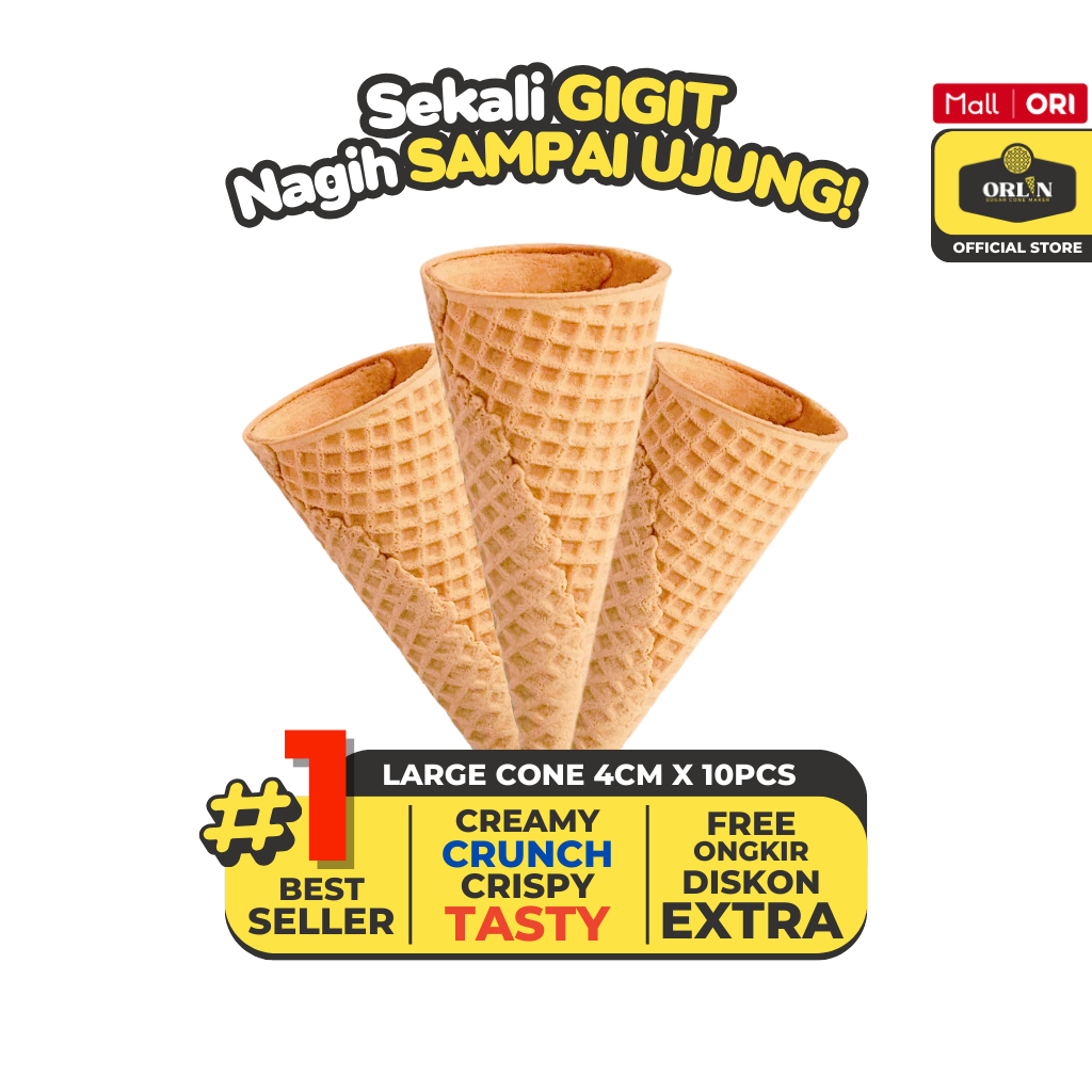 

ORLIN Sugar Rolled Large Waffle Cone Ice Cream 4cm x 8cm Isi 10pcs Sekali Gigit, Nagih Sampai Ujung
