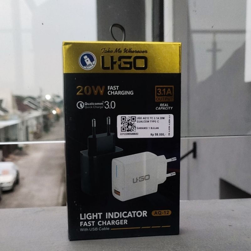 Charger Travel UGO AQ12 Ori 100% 3.1A 20W Fast Charging Type-C dengan Indikator LED dan Kabel Charge
