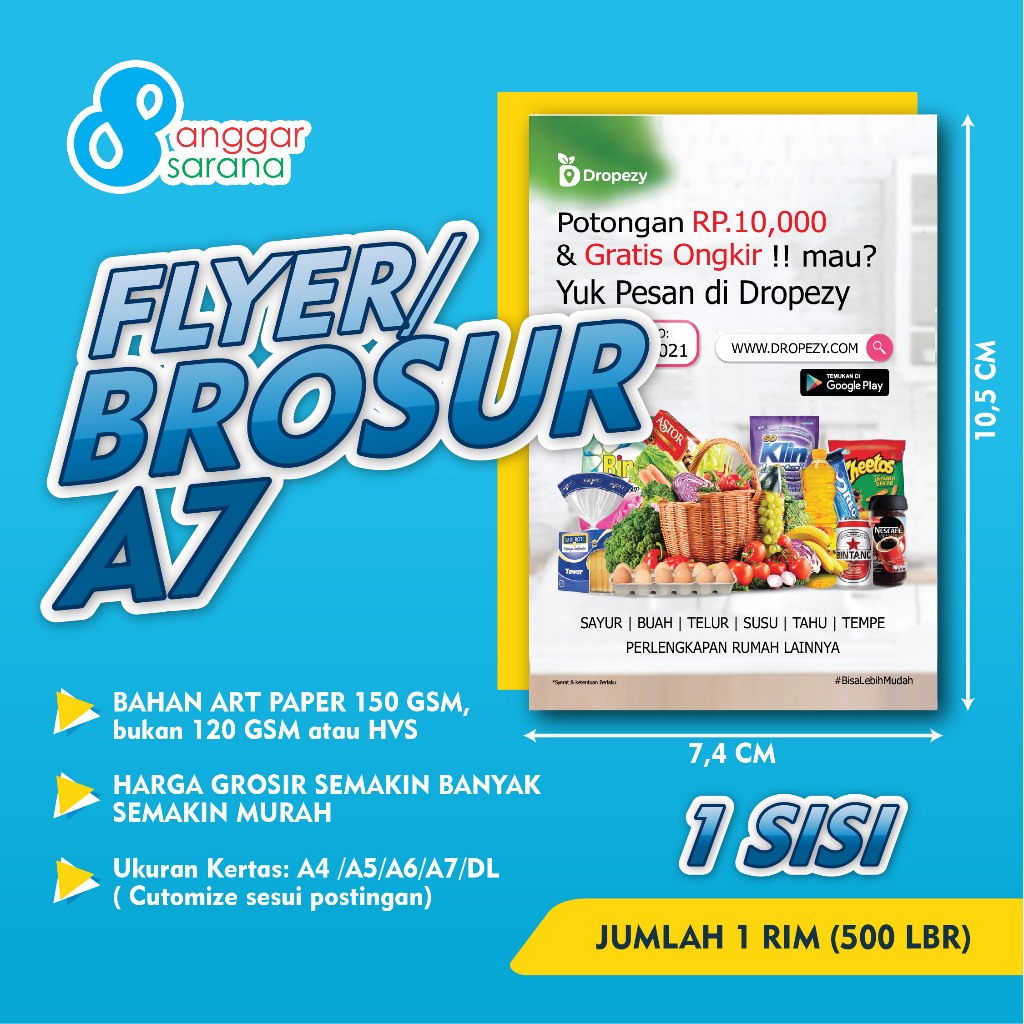

Brosur/Flyer Custom Bahan Art Paper 150 gr 1 sisi | 2 Sisi Ukuran A7 1 rim (500 lembar)