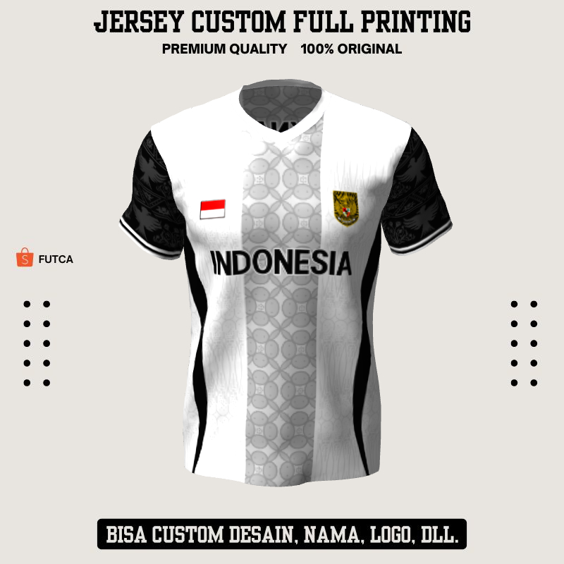 Kaos Jersey Futsal Timnas Putih Hitam Motif Batik Geometris 590 - Jersey Baju Olahraga Custom Full P