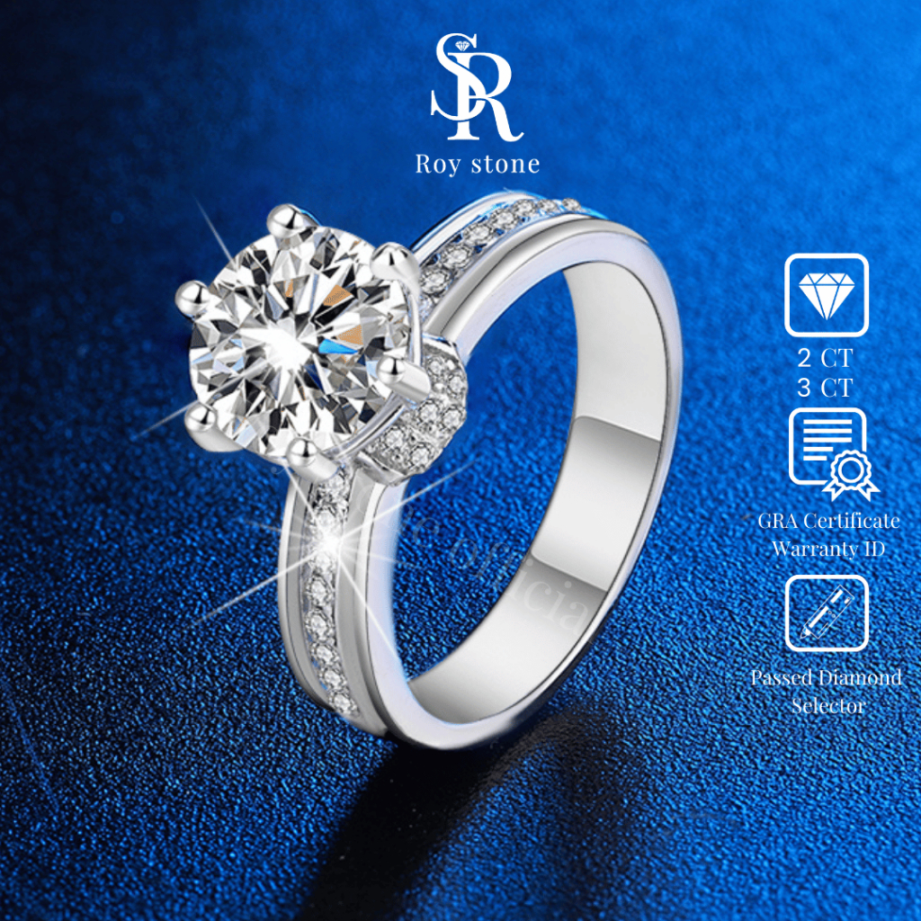 RoyStone- Cincin Dahlia Ring Wanita Perhiasan Moissanite Sertifikat GRA Original Lapis Emas 18K
