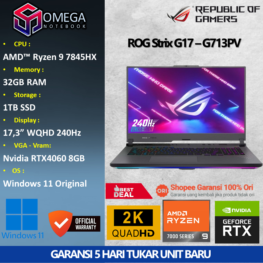 ASUS ROG Strix G17 G713PV Ryzen 9 7845HX 32GB 1TB RTX4060 8GB 17,3 WQHD Windows 11