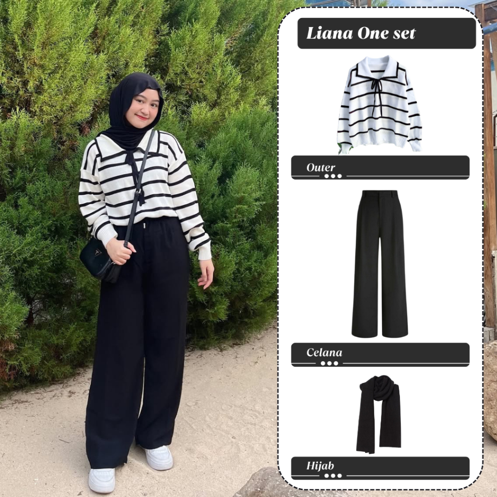 Liana Outfit Set Wanita Hijab Sweater Garis Celana Loose  Pasmina Daily Outfit Kuliah Ootd
