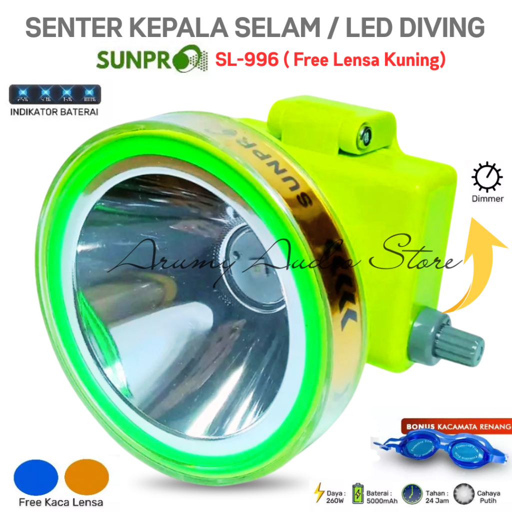 Senter Kepala Selam LED Super Terang SUNPRO SL-996 - Senter Kepala 260w Watt SL996 Waterproof Lithiu