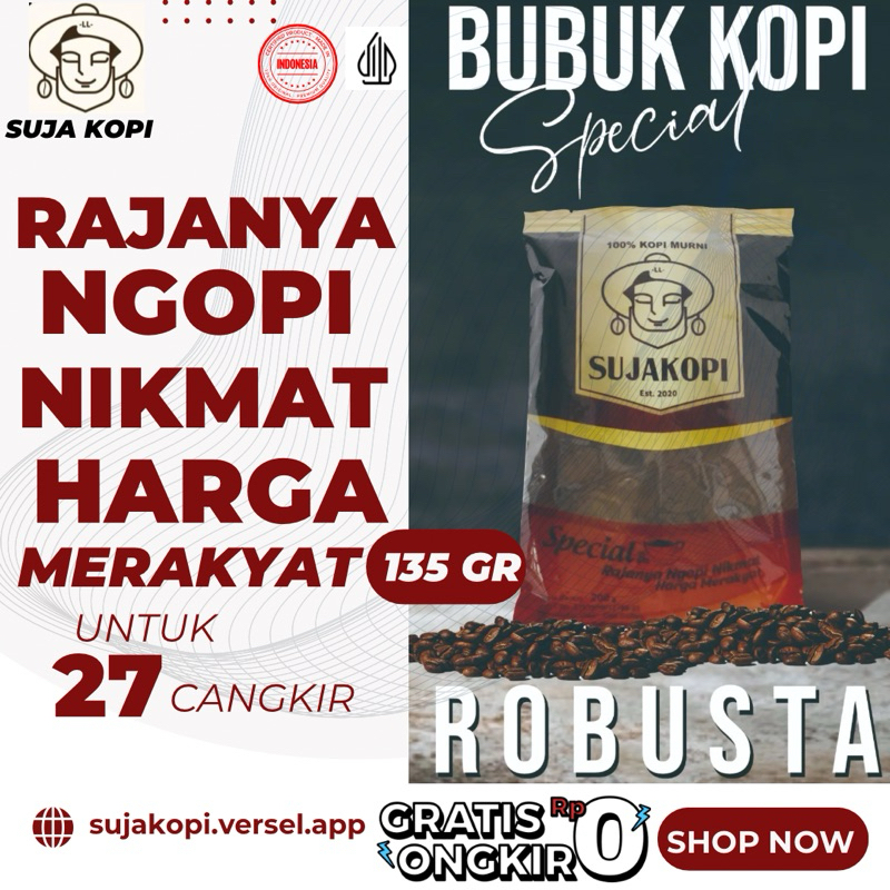 

KOPI BUBUK ROBUSTA 135gr SUJAKOPI bubuk terlaris rekomendasi kopi hitam rumahan terlaris di jual lagi untung banyak