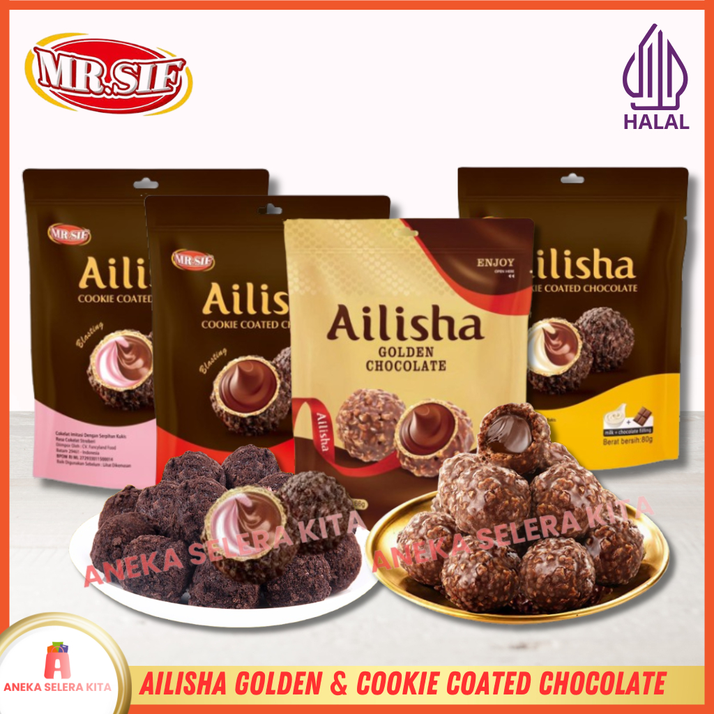

Ailisha Golden Chocolate & Ailisha Cookie Coated Chocolate / Coklat Cookies Ball Aneka Rasa