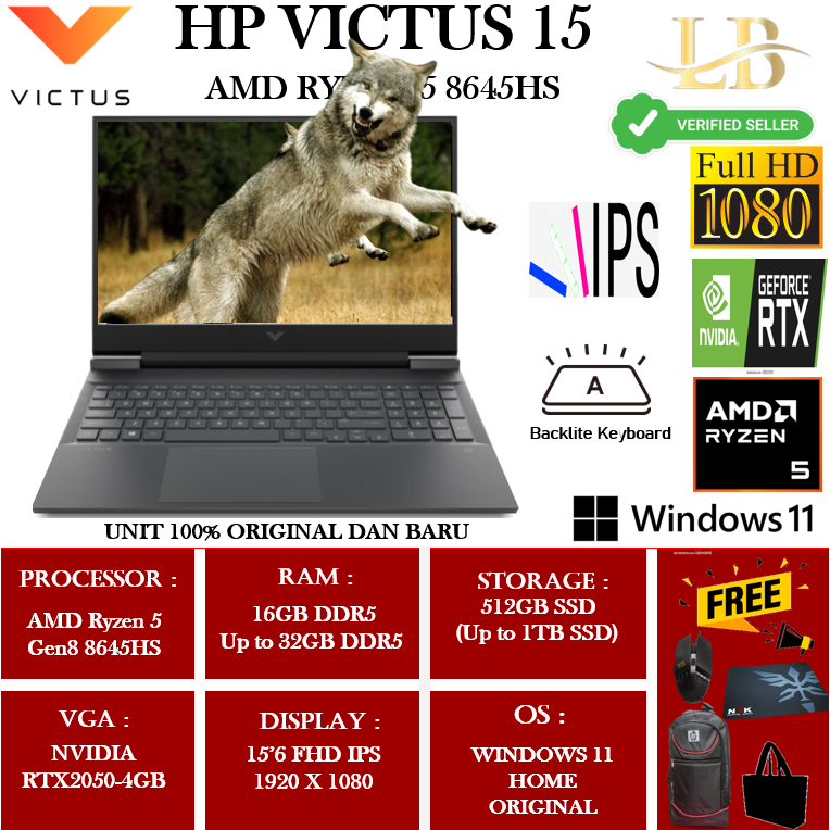 Laptop Gaming Baru HP Victus 15 Ryzen 5 8645HS 16GB 512GB RTX2050 4GB 15"FHD IPS Windows 11 Home