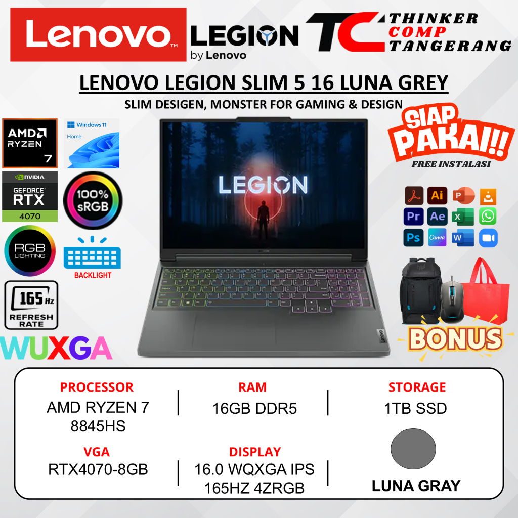 Laptop Gaming LENOVO LEGION SLIM 5 16 GEN 9 AMD RYZEN 7 8845HS RAM 32GB SSD 2TB Win 11 Original