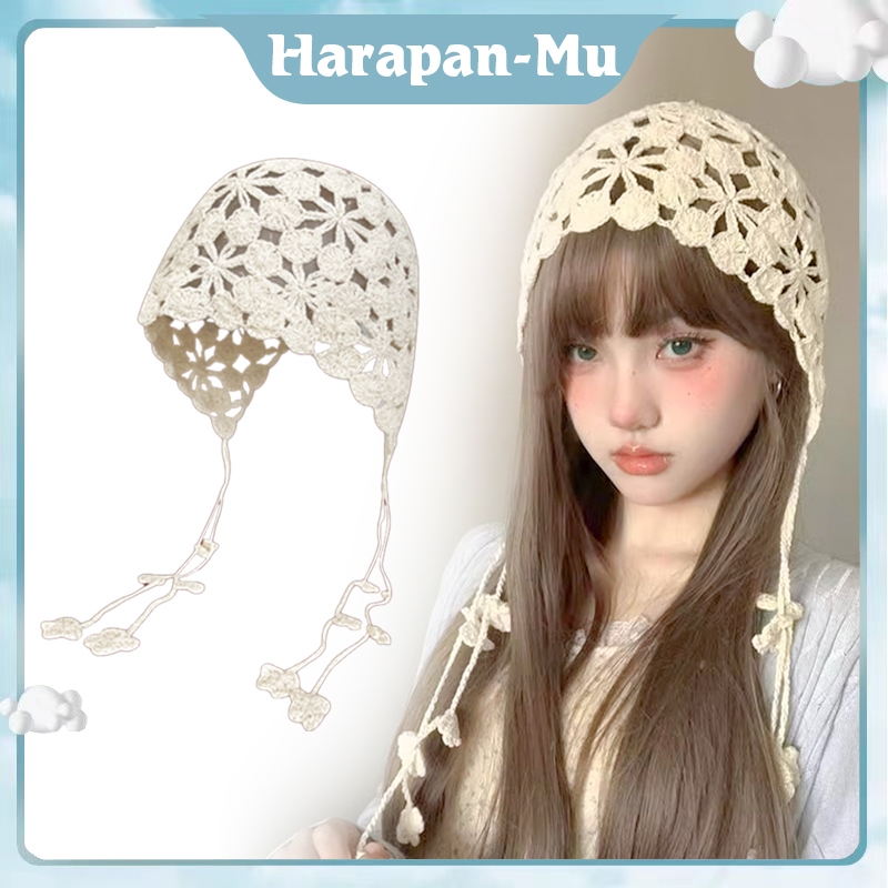 Topi Rajut Buatan Tangan Berongga Topi Jari Kaki Kepang Rumbai Bunga Bohemia Wanita