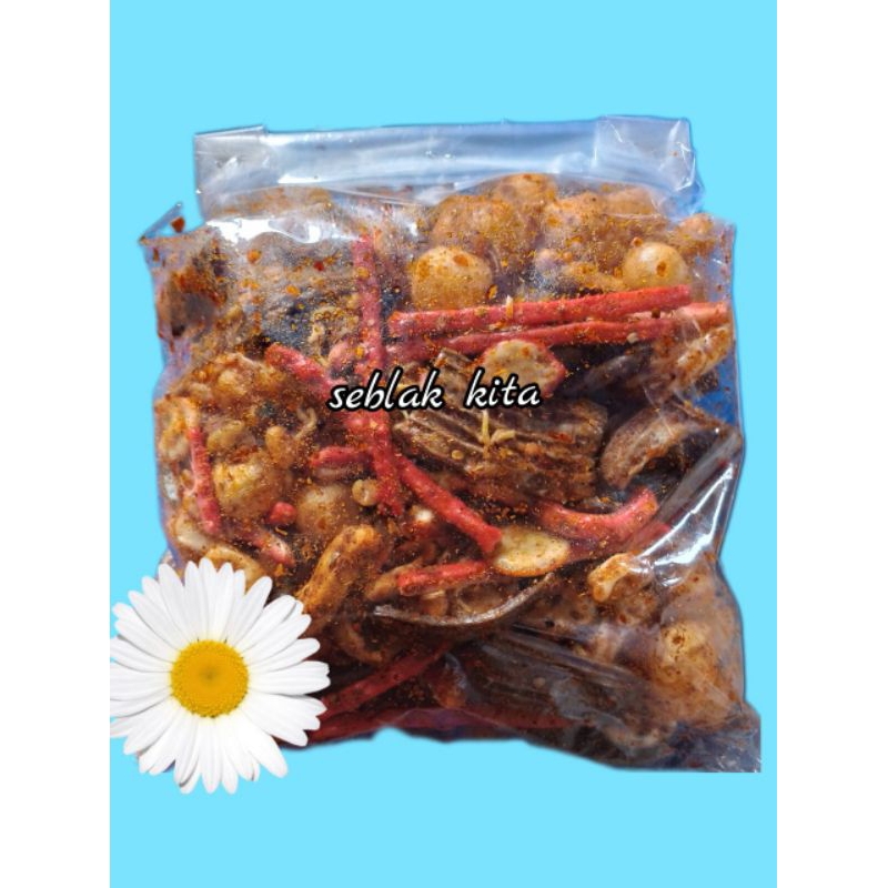 

Seblak campur mix ,basreng,siomay,kerupuk bawang,kerupuk jengkol jaat beton daun jeruk pedas kemasan 250 gram ,500 gram ,1 kg