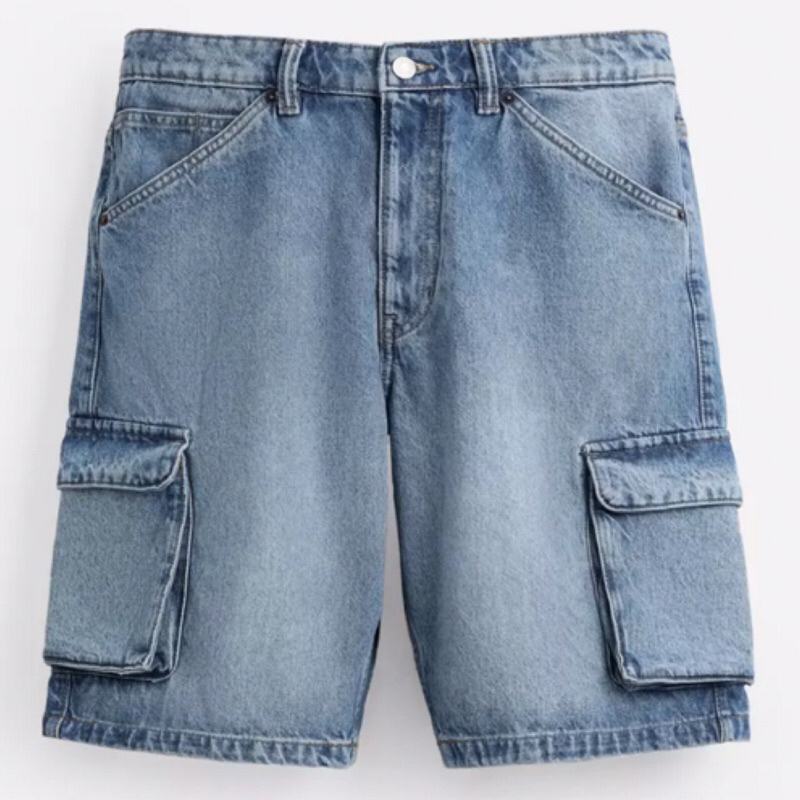 ZARA Men Denim Cargo Bermuda Shorts Celana Pendek Pria Blue