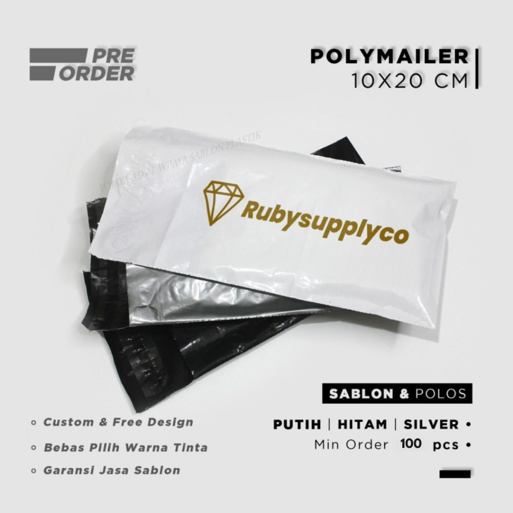 

Plastik packing sablon custom free desain polymailer pembungkus paket brand warna hitam putih silver