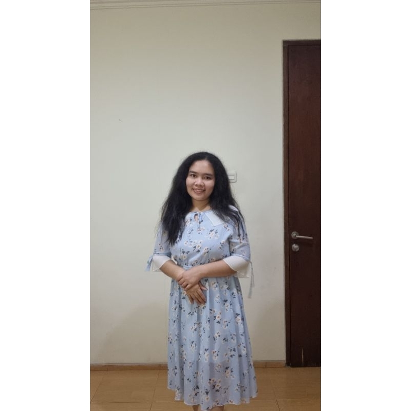 Dress vintage korea style biru langit motif bunga