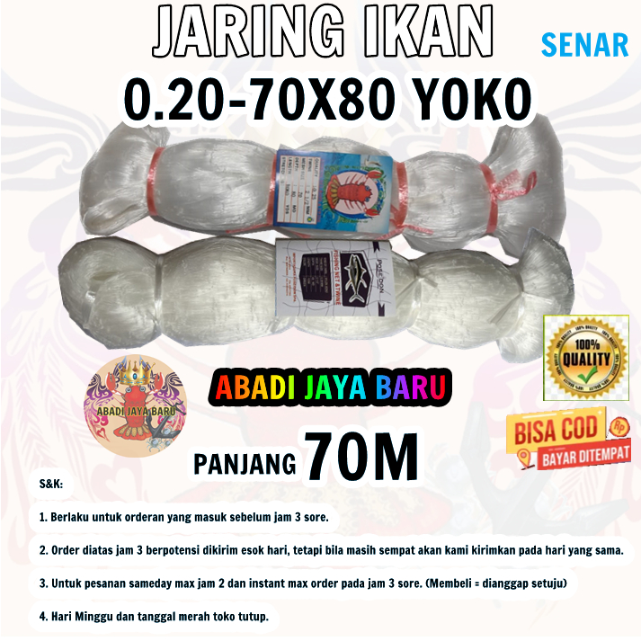JARING IKAN 020 70X80 YOKO / JARING IKAN MATA TEGAK / JARING SENAR 0.20 / PUKAT 0.12 / PUKAT COD / J
