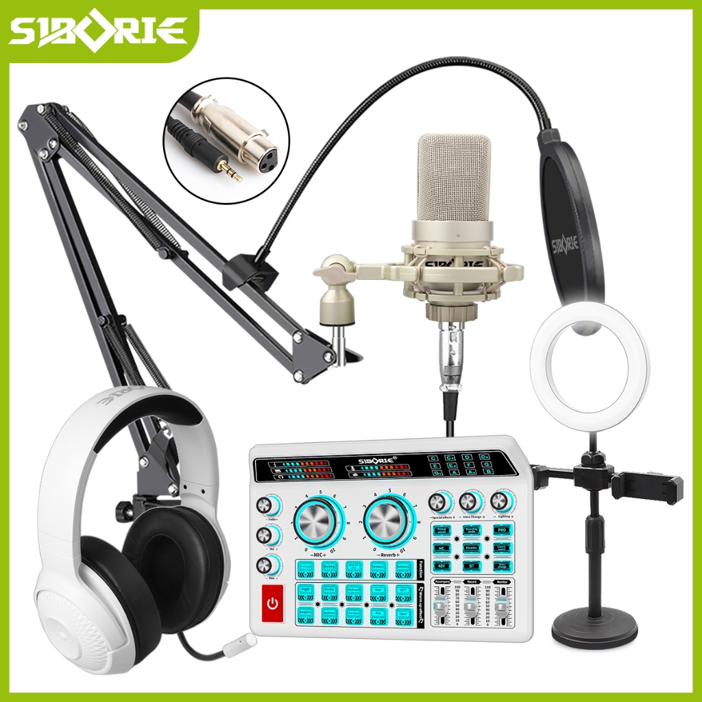 Siborie H9 Soundcard+103 Mic+H7 Headphone+Lampu Paket Lengkap Set Bluetooth Sound Card Mikrofon With