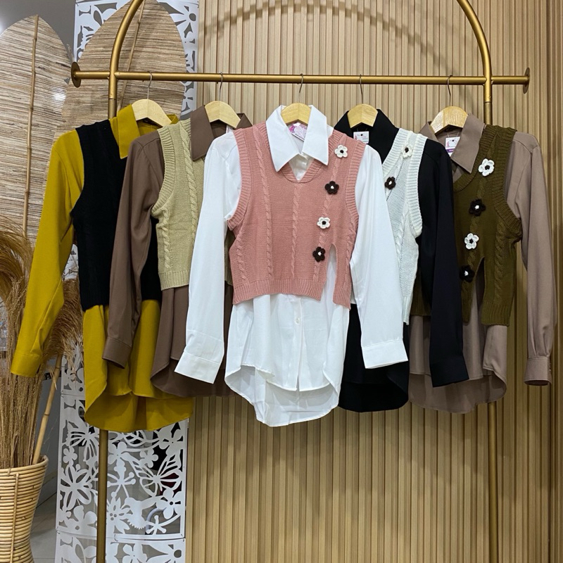 Ayumi Anisa Blouse Vest Rajut Set | Set Kemeja Wanita Lady Zara dan Vest Bahan Rajut