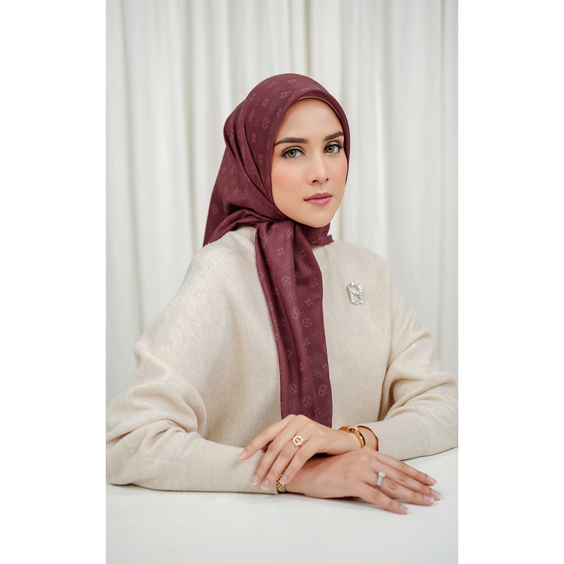 Buttonscarves - Monogram Voile Square - Cranberry / Hijab Motif Segi Empat