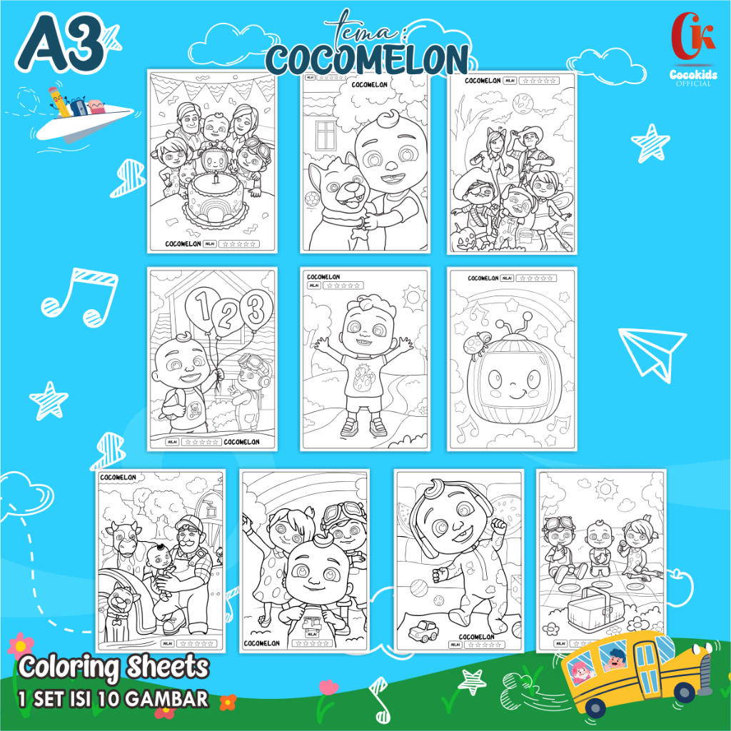 

(COCO MELON 01) KERTAS MEWARNAI ANAK A3 - COLORING SHEETS SERIES 1 - LEMBAR MEWARNAI ANAK PAUD/TK/SD