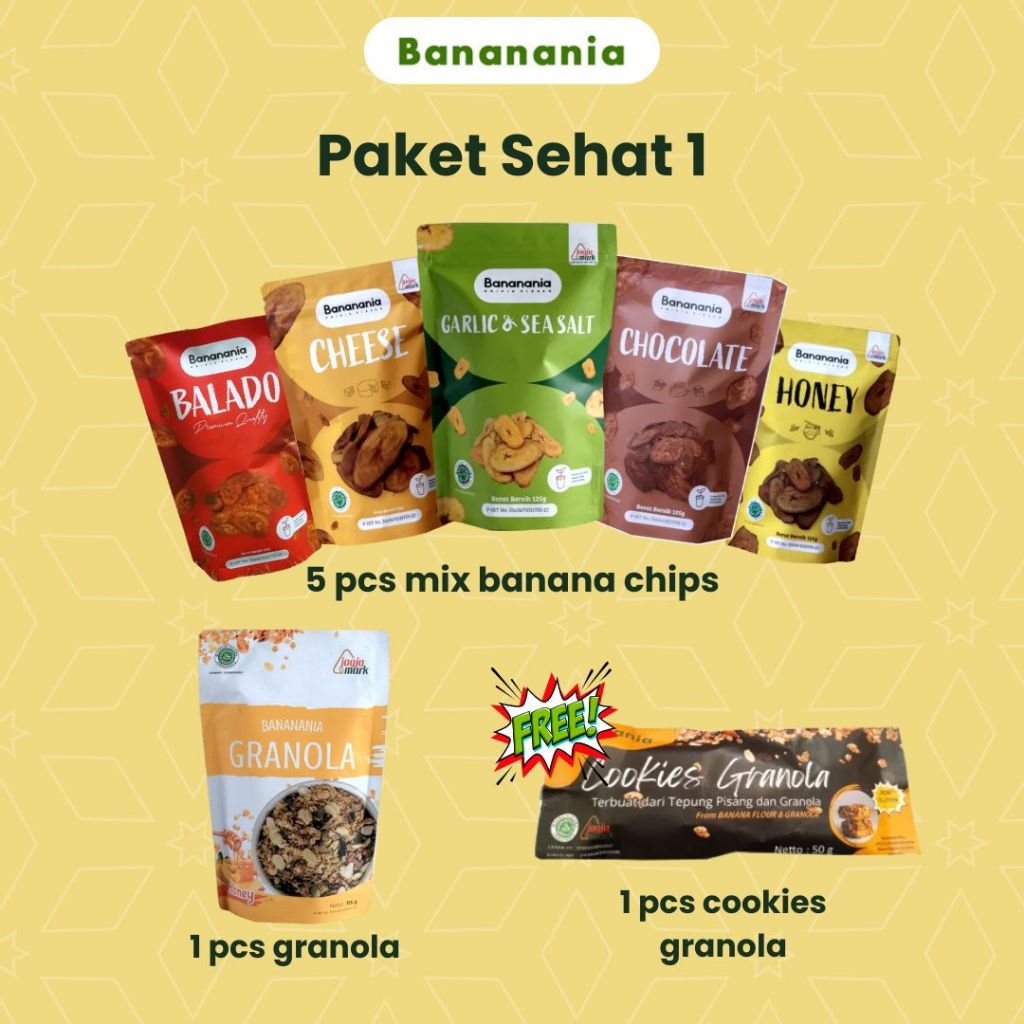 

[Bananania] Paket Sehat All Produk Bananania Free Cookies - Keripik Kripik Pisang Granola Camilan Jajanan Murah Enak Crispy