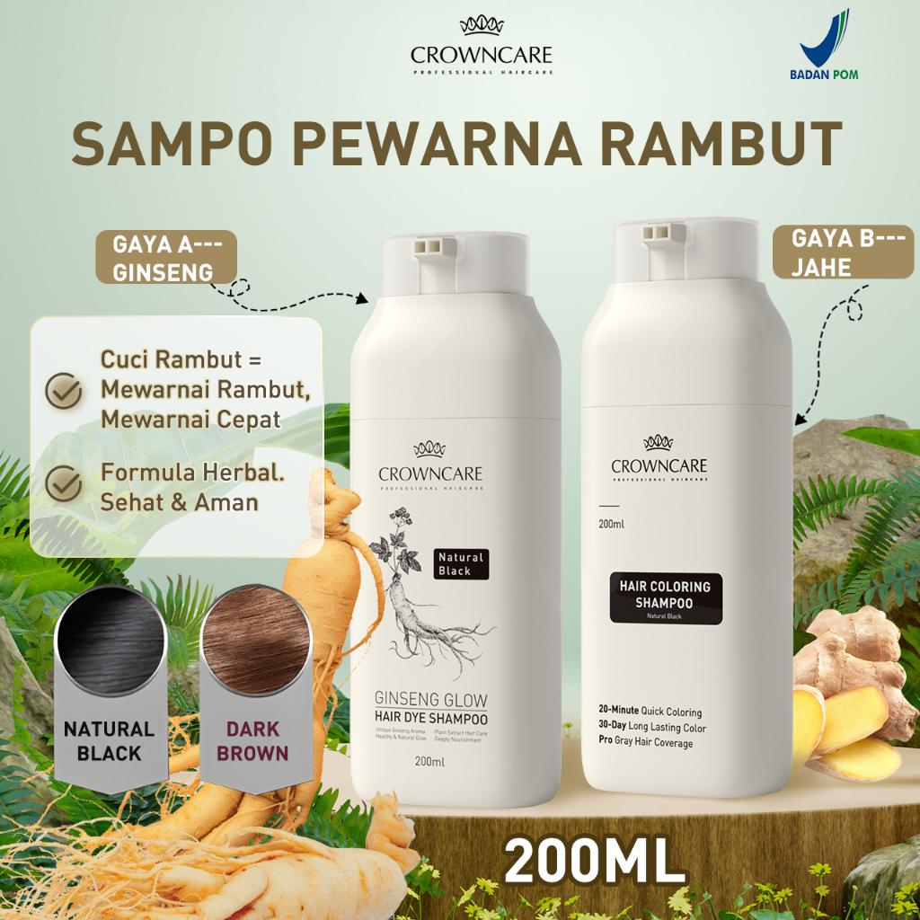 PROMO Crowncare Pewarna Rambut - Hair Coloring Shampoo Herbal Ginseng / Jahe, Ammonia Free & Anti