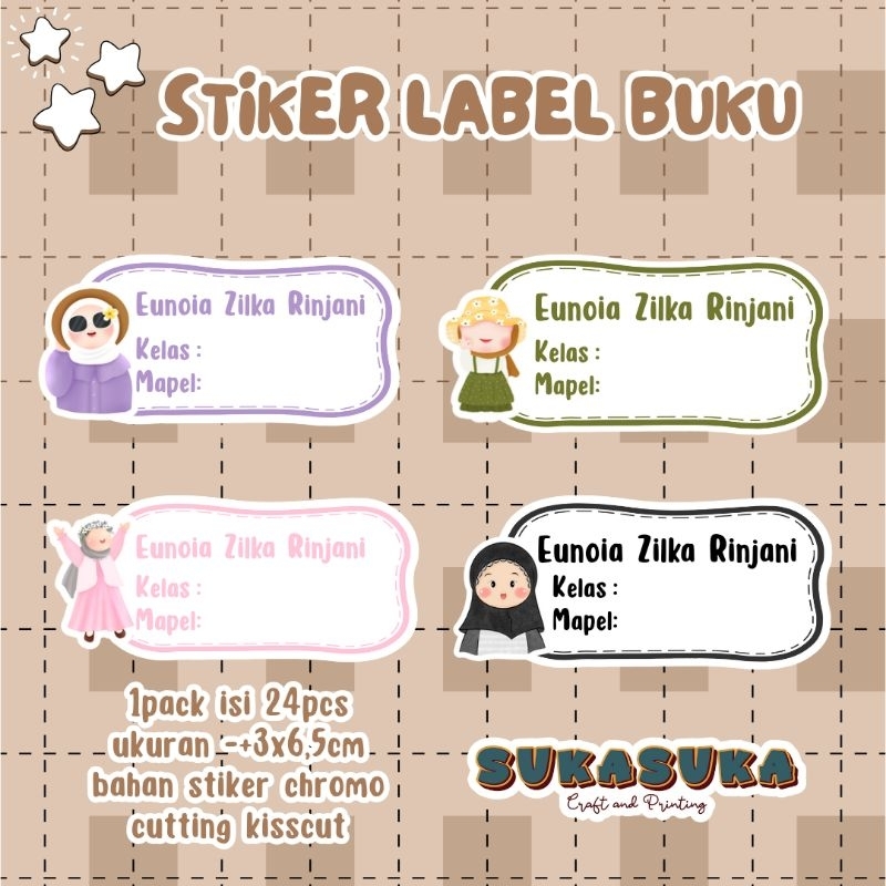 

stiker label buku custom / stiker buku lucu / stiker nama custom / stiker mata pelajaran / GIRL HIJAB
