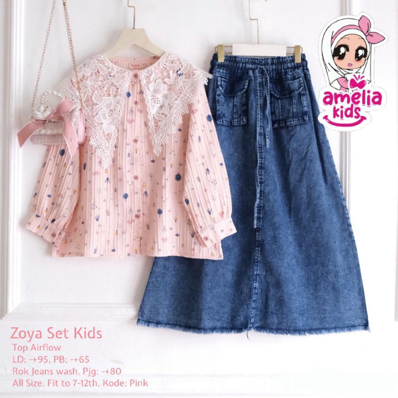 [ ata.id kids ] Zoya Set Kids Rok Jeans Top Airflow By Amelia Kids