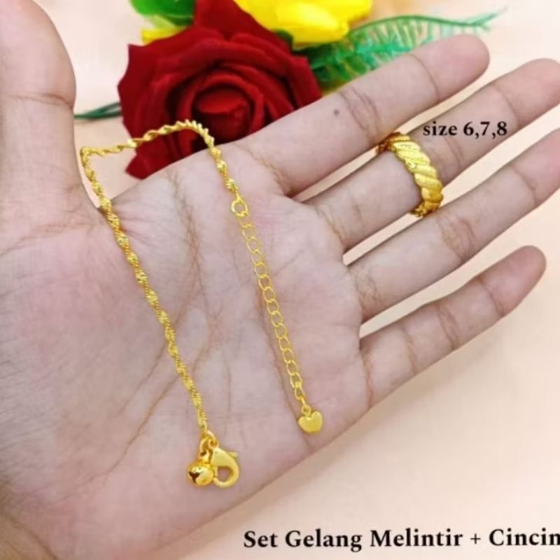 Set Gelang Melintir+Cincin Titanium perhiasan anti luntur