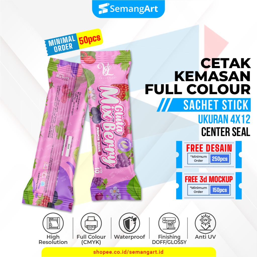 

Cetak Sachet 4x12 Kemasan Minuman Serbuk Collagen Protein Bar Makanan Full Printing Desain Custom