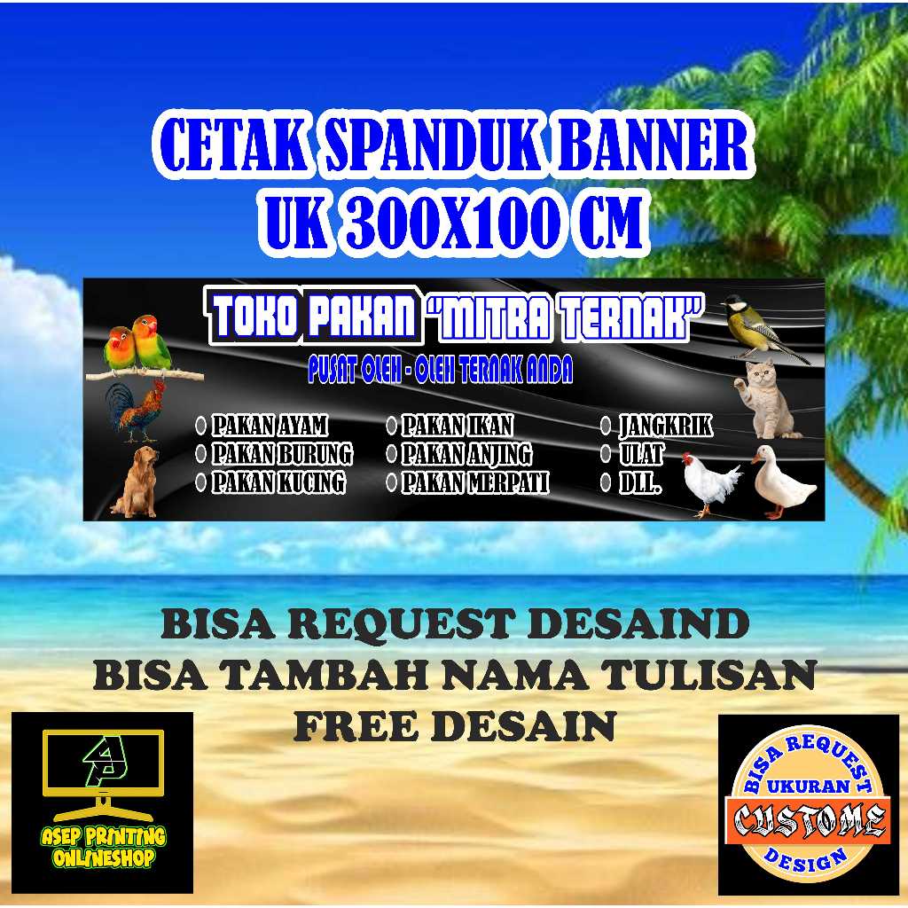 Print spanduk banner 300x100 toko pakan ternak custome desain teks dan nama bahan tebal dan murah
