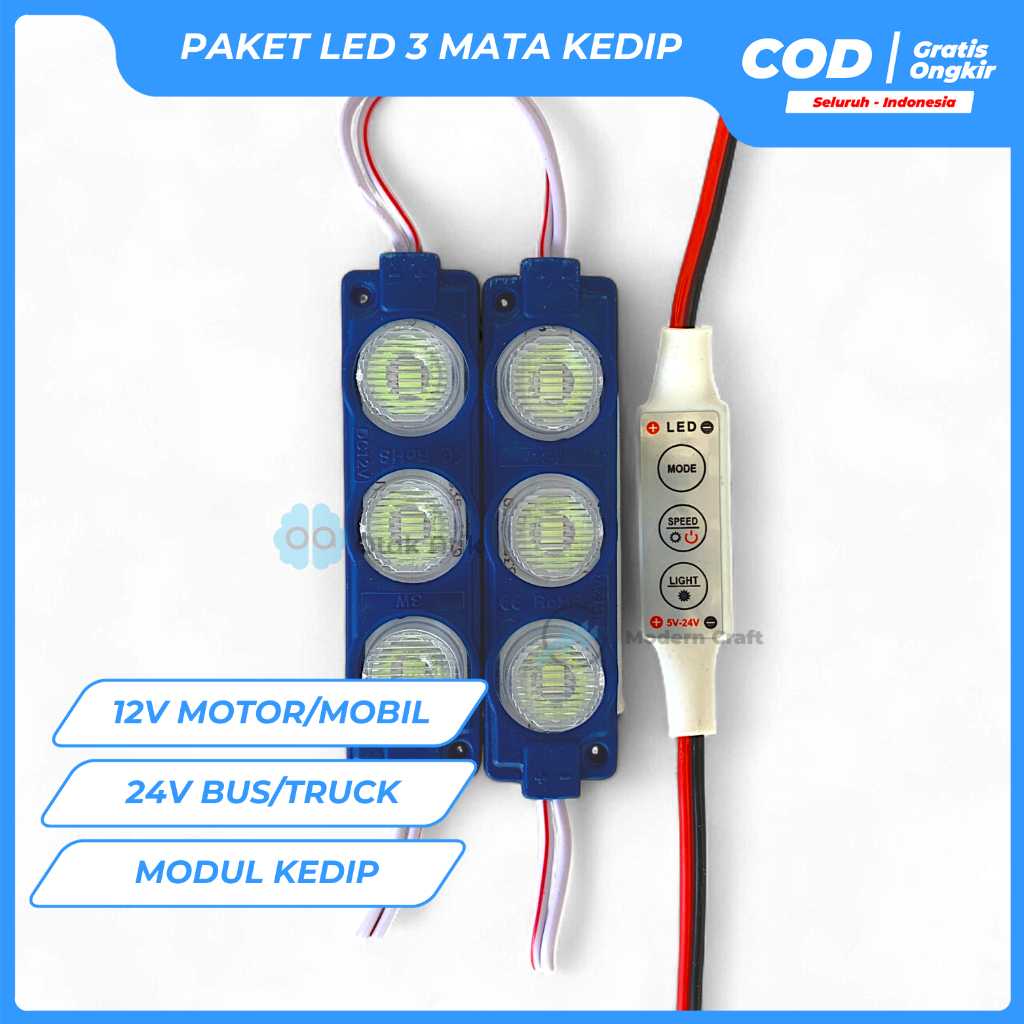 Paket Lampu LED 3 MATA+Modul blitz Kedip Pesawat 12v/24v Lampu kolong variasi Motor Mobil Truk Bus