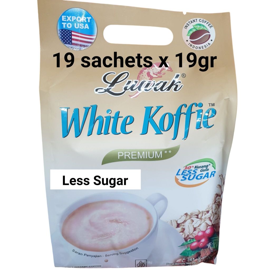 

Kopi Luwak White Coffee Koffie Premium 30% Less Sugar Isi 19 pc x 19g