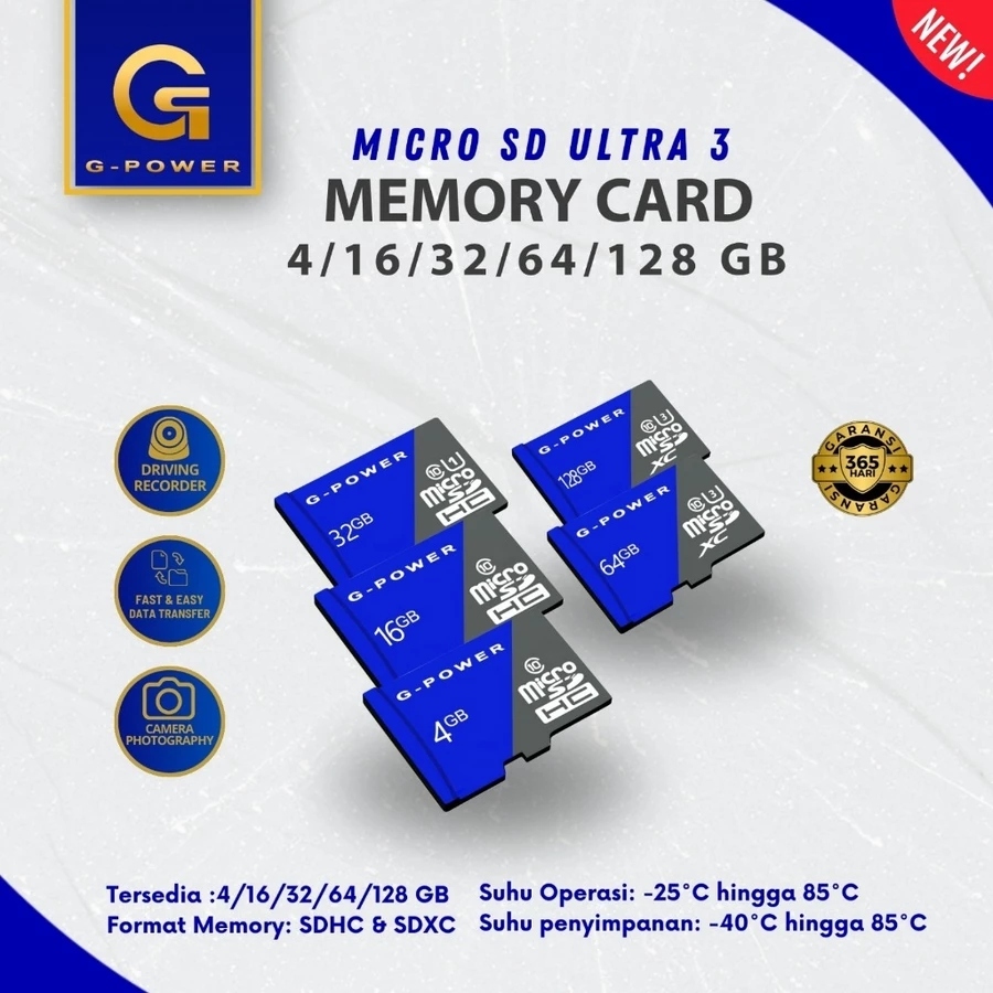 G-POWER Micro SD Ultra 3 – 4GB/8GB/16GB/32GB/64GB/128GB | Memory Card Tahan Air & Shockproof