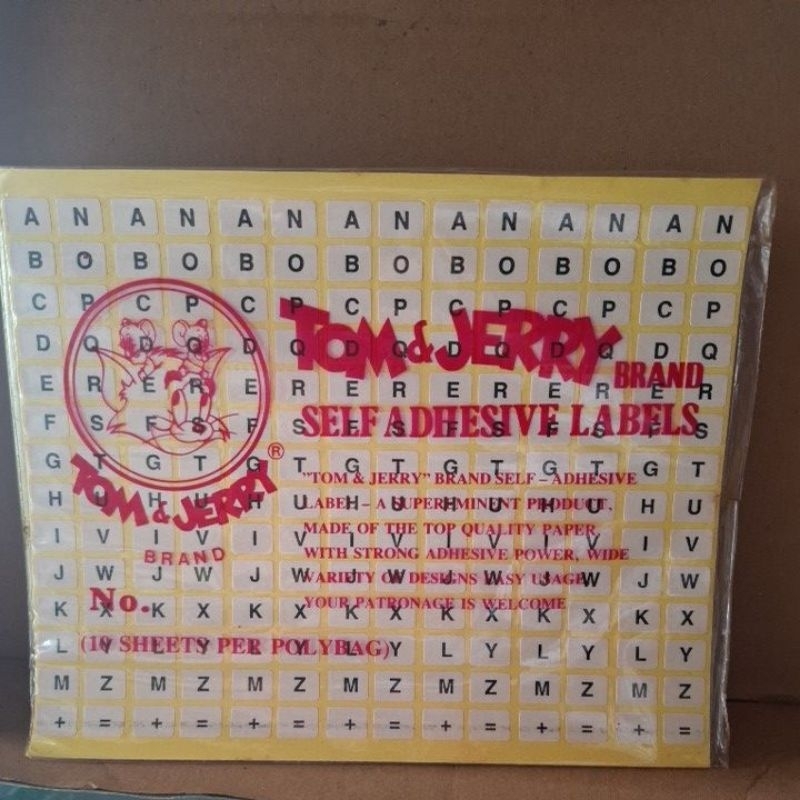 

label tom & jerry abjad 1 pak isi 10 lembar