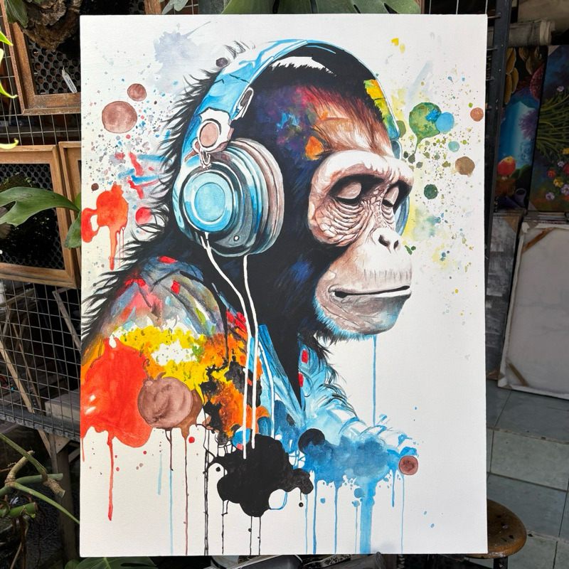 Lukisan Monyet Pop Art, Lukisan Kanvas, Ukuran 60 x 80 cm, 100% Buatan Tangan
