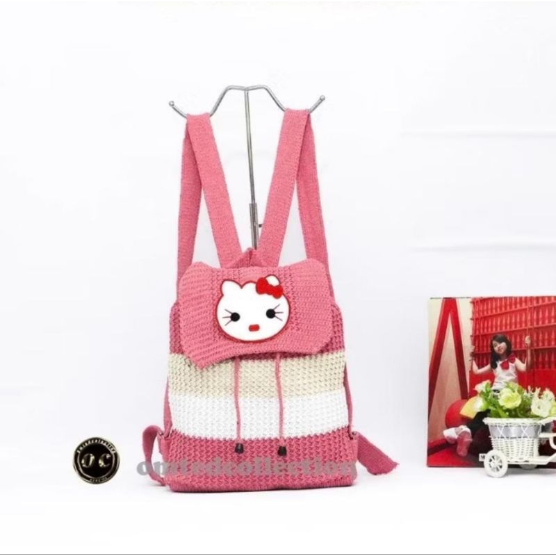 Tas anak perempuan ransel rajut karakter hellokity atas