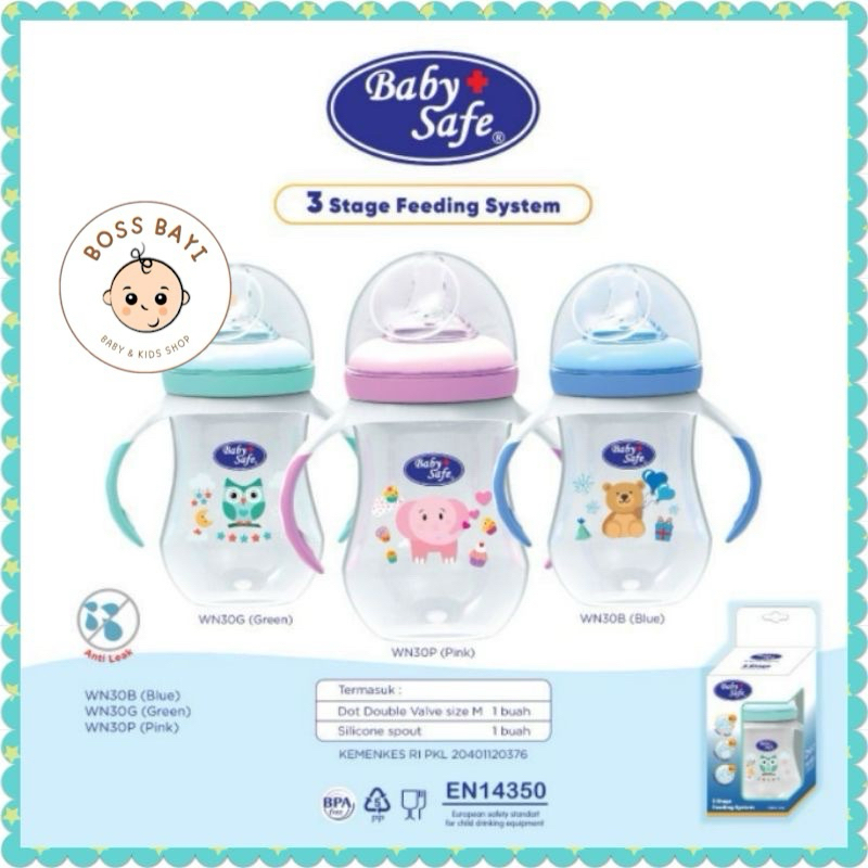BABY SAFE - 3 Stage Feeding System Bottle 250ml WN30 Wide Neck with Handle/ Botol Dot Wide Neck Ada 