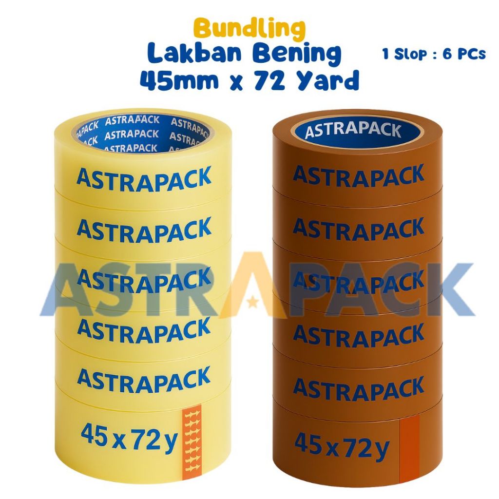 

Bundling Astrapack Lakban Bening Coklat 45 mm x 72 Yard | Isolasi OPP 1 Slop isi 6 Pcs