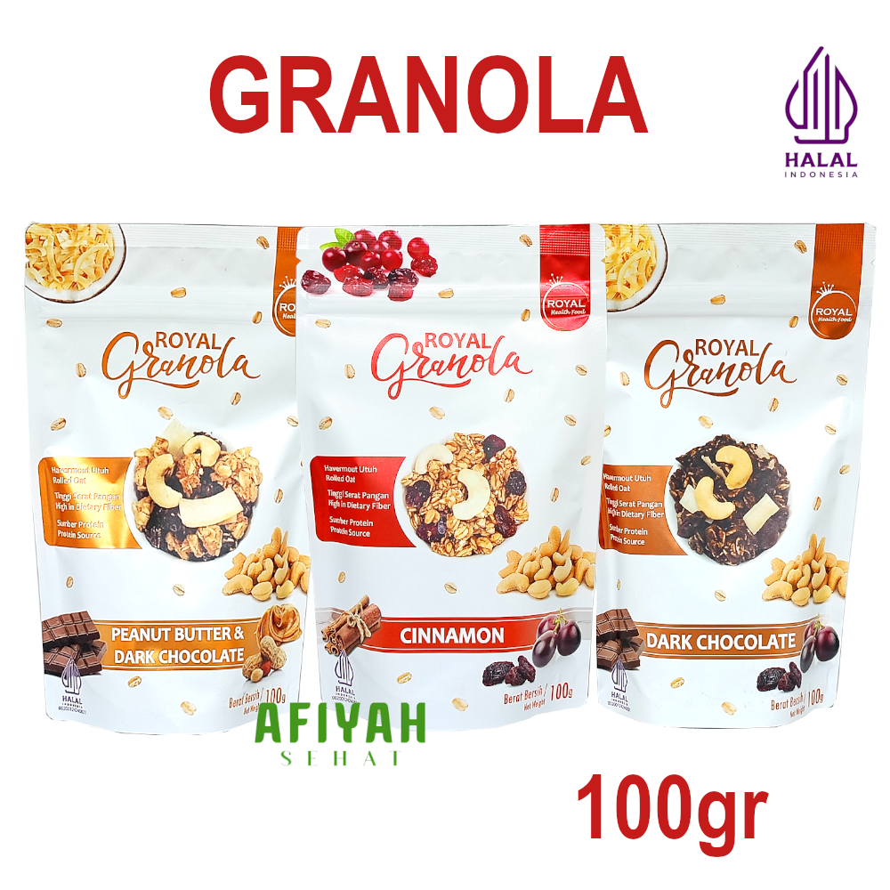 

Royal Granola 100 gr Snack Sarapan Diet Sehat Gluten Free Varian Dark Chocolate, Cinnamon, Peanut Butter