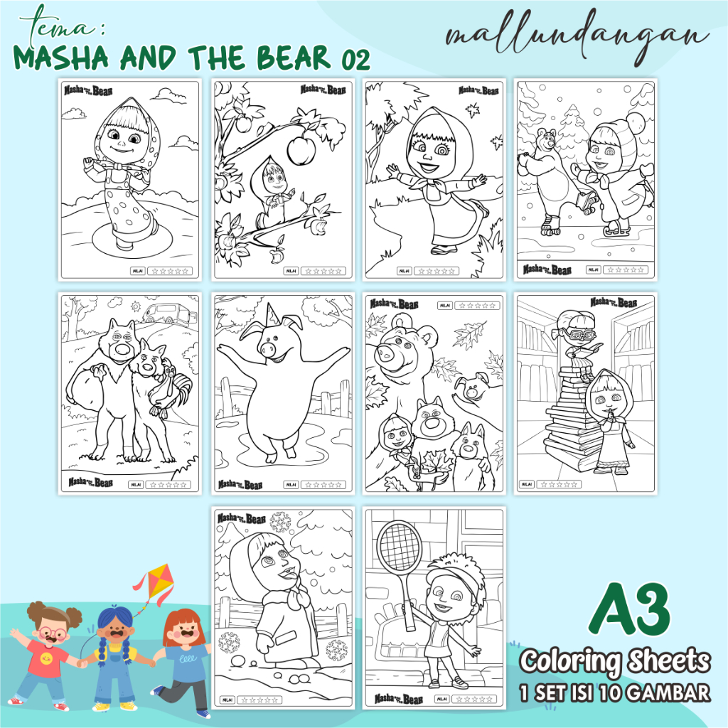 

LEMBARAN MEWARNAI ANAK A3 - TEMA MASHA AND THE BEAR 02 - PAPER COLORING SHEETS FOR KIDS