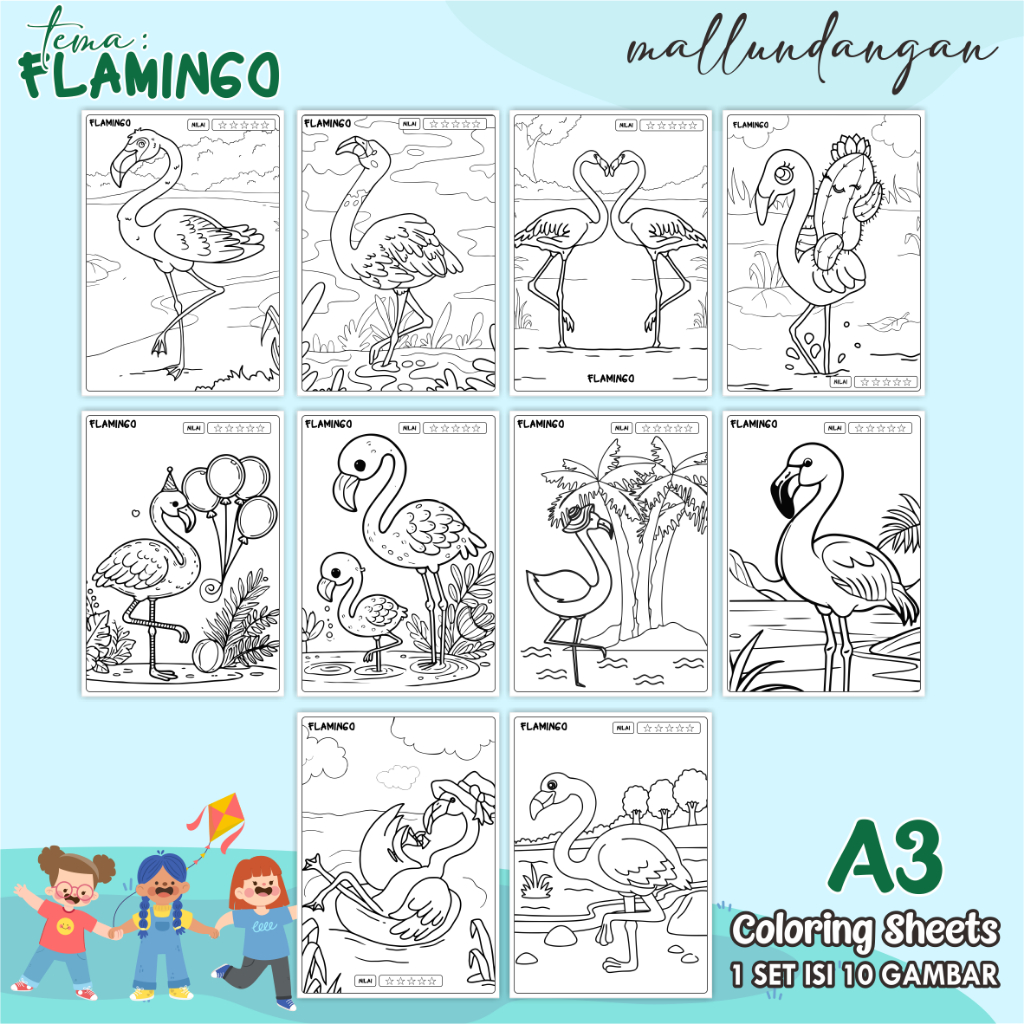 

LEMBARAN MEWARNAI ANAK A3 - TEMA FLAMINGO - PAPER COLORING SHEETS FOR KIDS