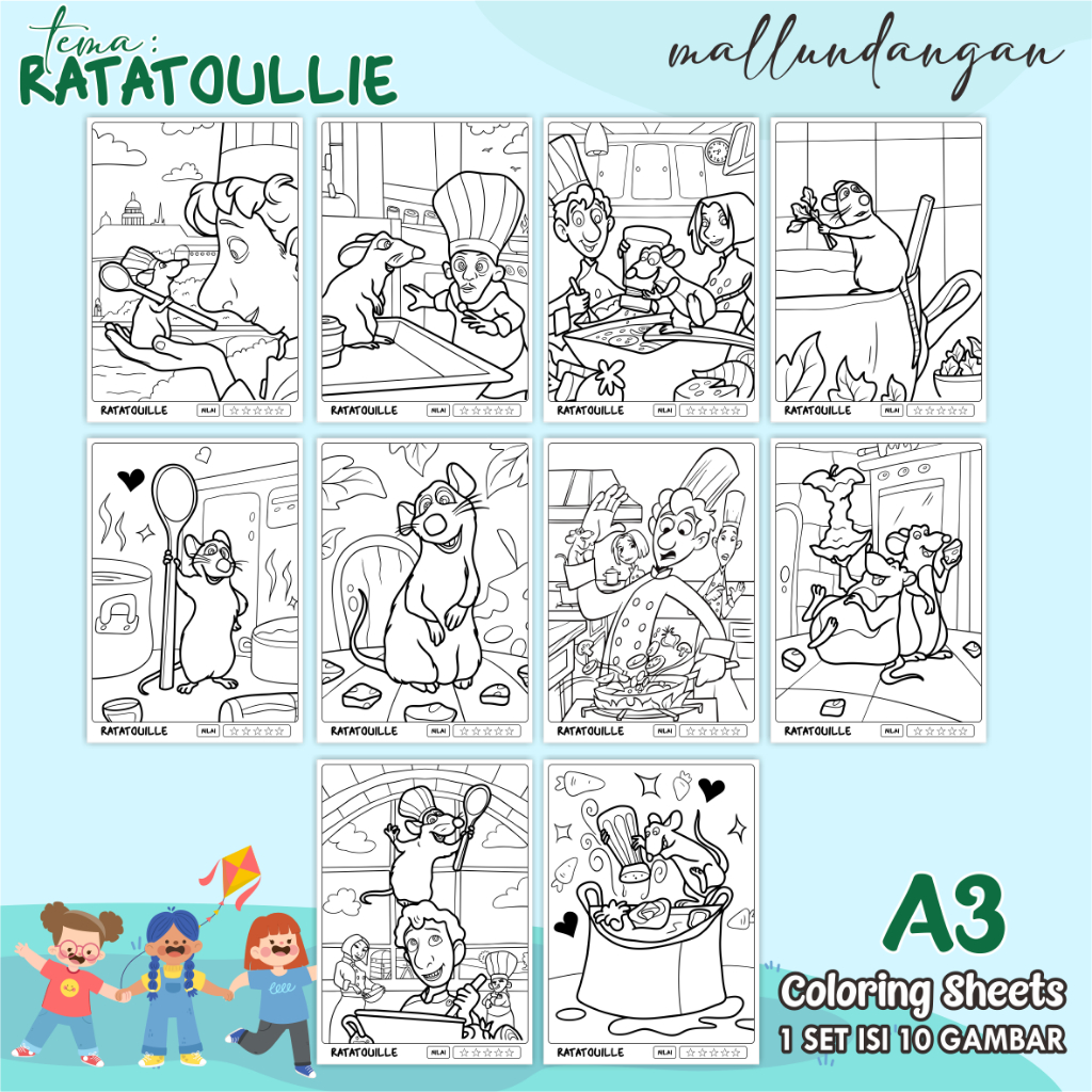 

LEMBARAN MEWARNAI ANAK A3 - TEMA RATATOULLIE - PAPER COLORING SHEETS FOR KIDS