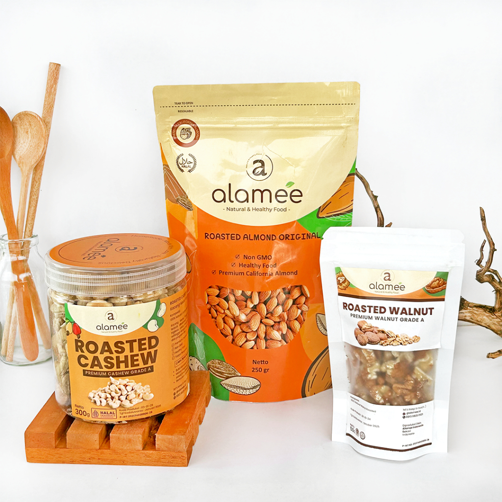 

ALAMEE Kacang Almond Almon Mede Walnut Pistachio Kupas Panggang Roast Roasted Siap Makan