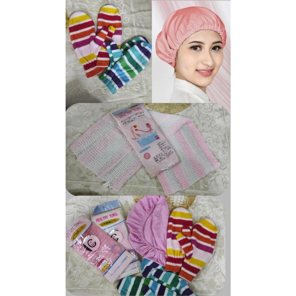 PAKET SET ISI 3 (SARUNG TANGAN DAPUR,KAIN PENUTUP KEPALA & ALAT MANDI PENGGOSOK)