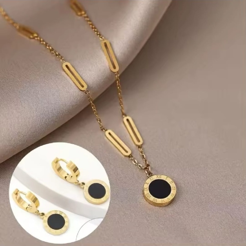 Set titanium perhiasan wanita kalung dan anting model bulat hitam Romawi anti luntur