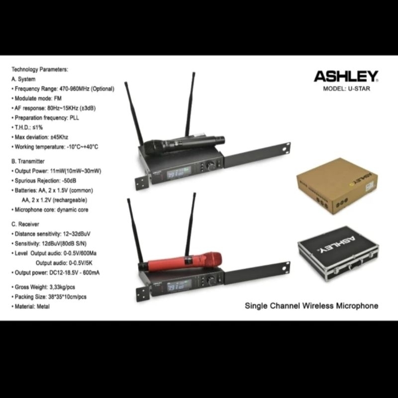 ASHLEY U-STAR | Microphone wireless | Professional microphone vocal | Single mic | Microphone Ashley
