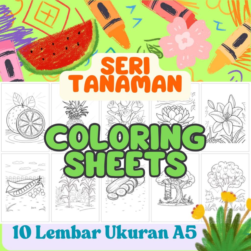 

10 Lembar Kertas Mewarnai Anak Seri Tanaman- Lucu dan Menarik