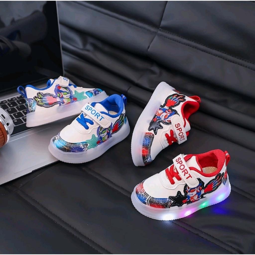 Sepatu Sneakers ULTRAMAN LED IMPOR Anak Laki-Laki Keren 1-6 Tahun/ Sepatu Sport Lampu Nyala Anak Cow