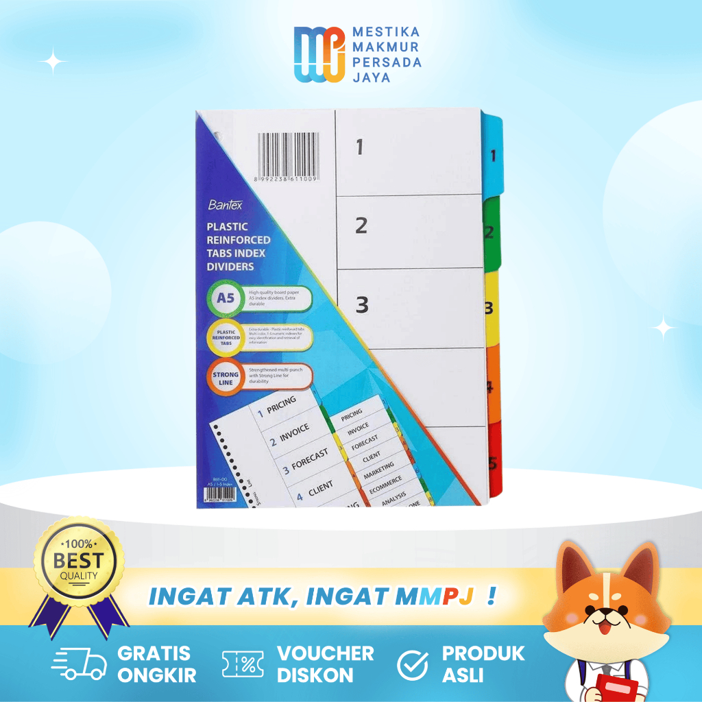 

Bantex Kertas Pembatas - Pembatas Kertas Binder A5 / B5 Tipe 1-5 Index 8611/8607