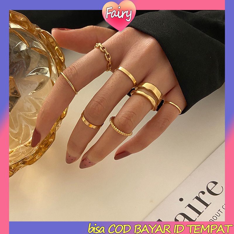 7 pcs/set set cincin minimalis cincin warna emas 24k